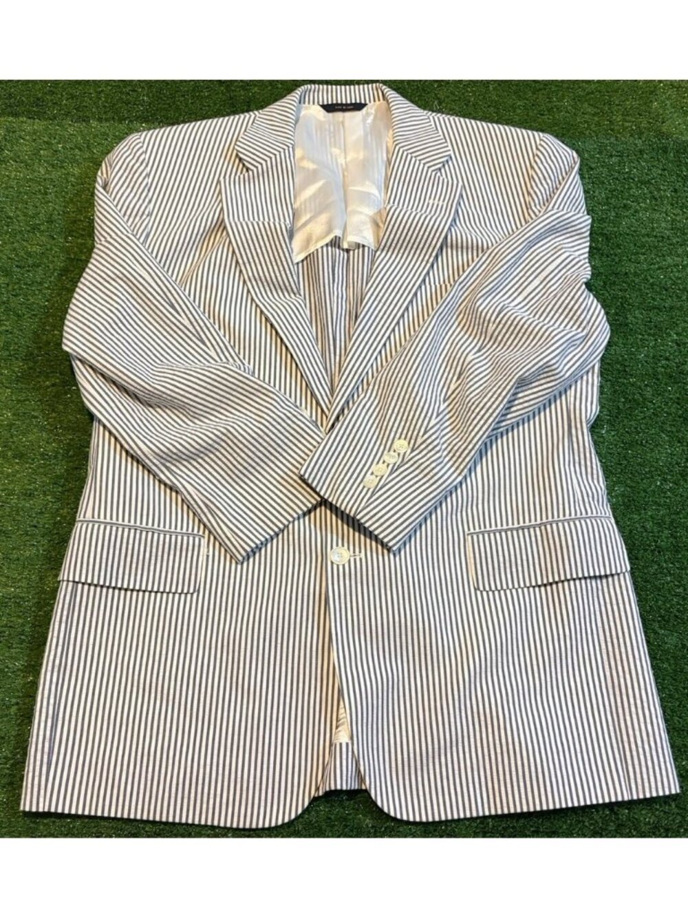 Brooks Brothers blazer mens 42R blue white seersucker striped casual stretch